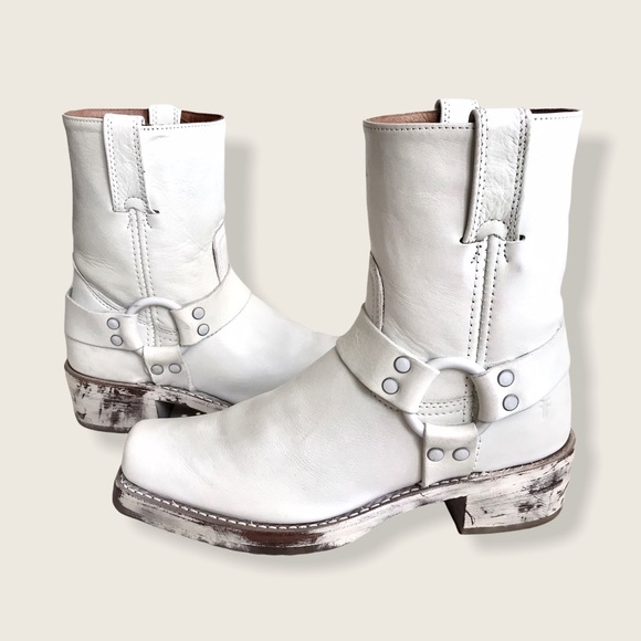 Frye Harness 8R White Distressed Cowboy Calf Boots - Picture 8 of 16